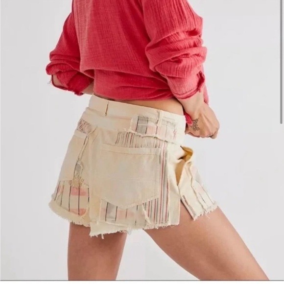 Free People Patchwork Distressed Cotton/Linen Drawstring Shorts Size 14 NWT - Picture 3 of 17
